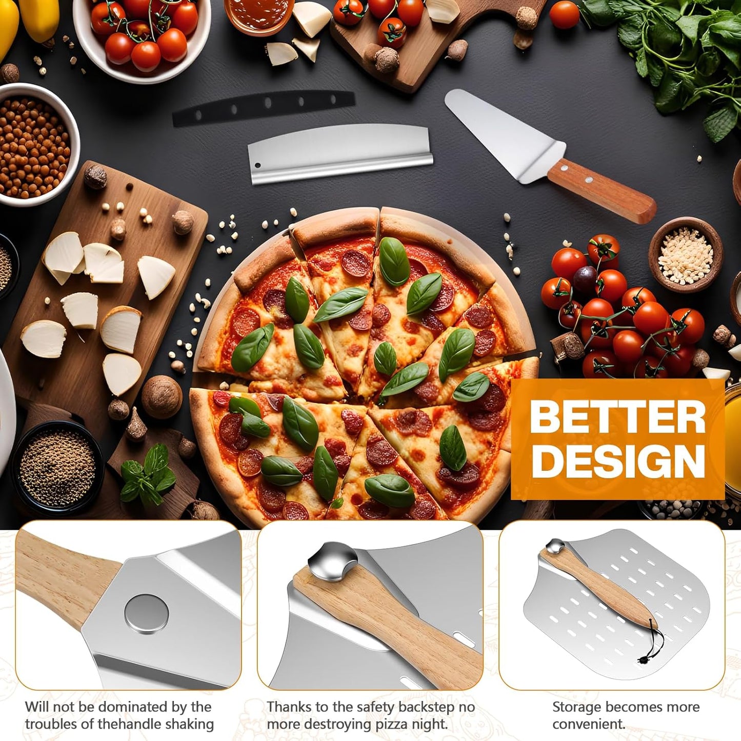 Perforated Pizza Peel 12 x 14 Inch Paddle Spatula with Foldable Handle Pizza Cutter Rocker 14'' Blade and Metal Spatula for Family Oven Accessories and Chopper Knife Tools