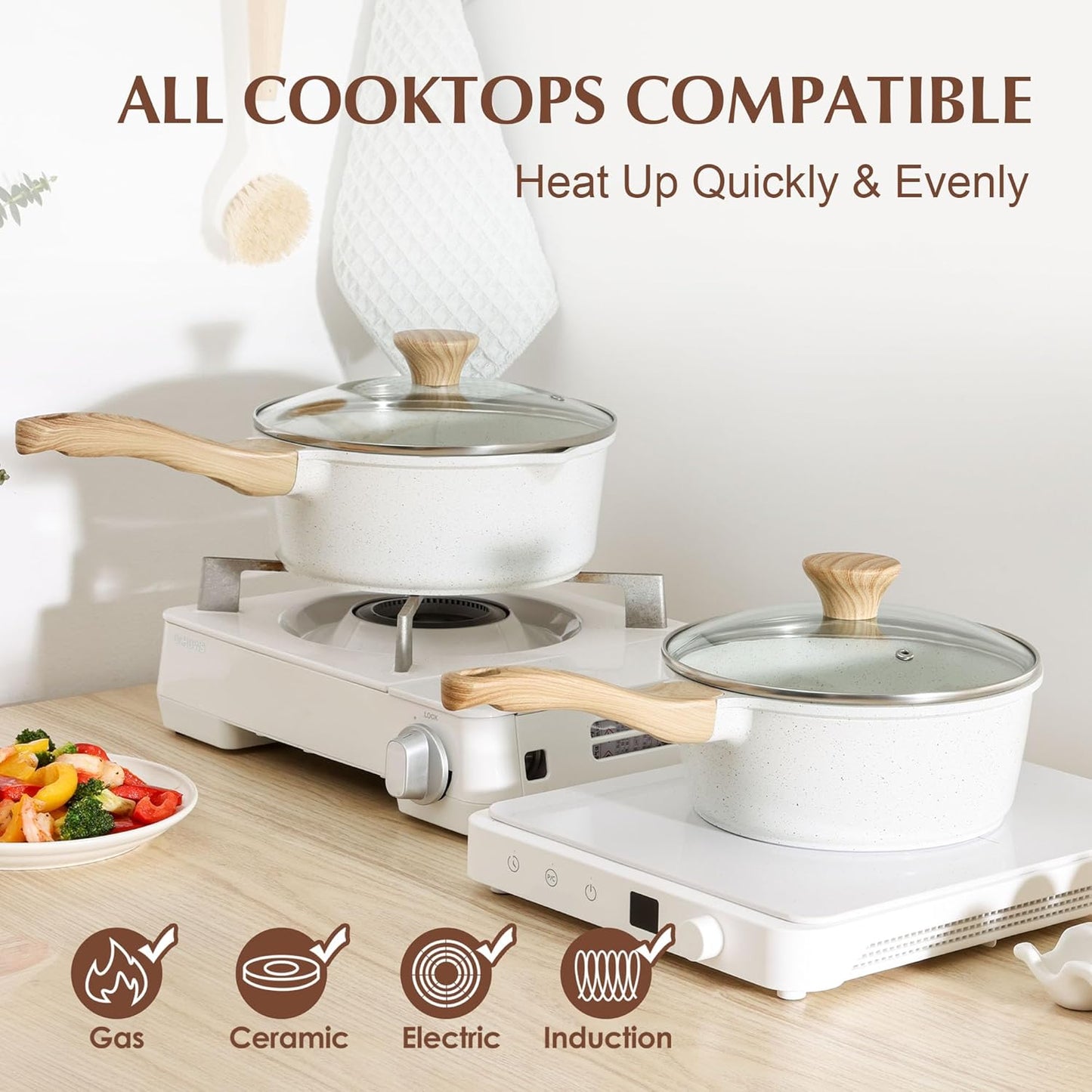 SENSARTE White Ceramic Nonstick Saucepan with Lid Set, Small Cooking Pot with Stay Cool Handle, Induction Compatible Saucepot, White Granite Coating, PFOA/PFAS Free, 1.5 + 2.5QT