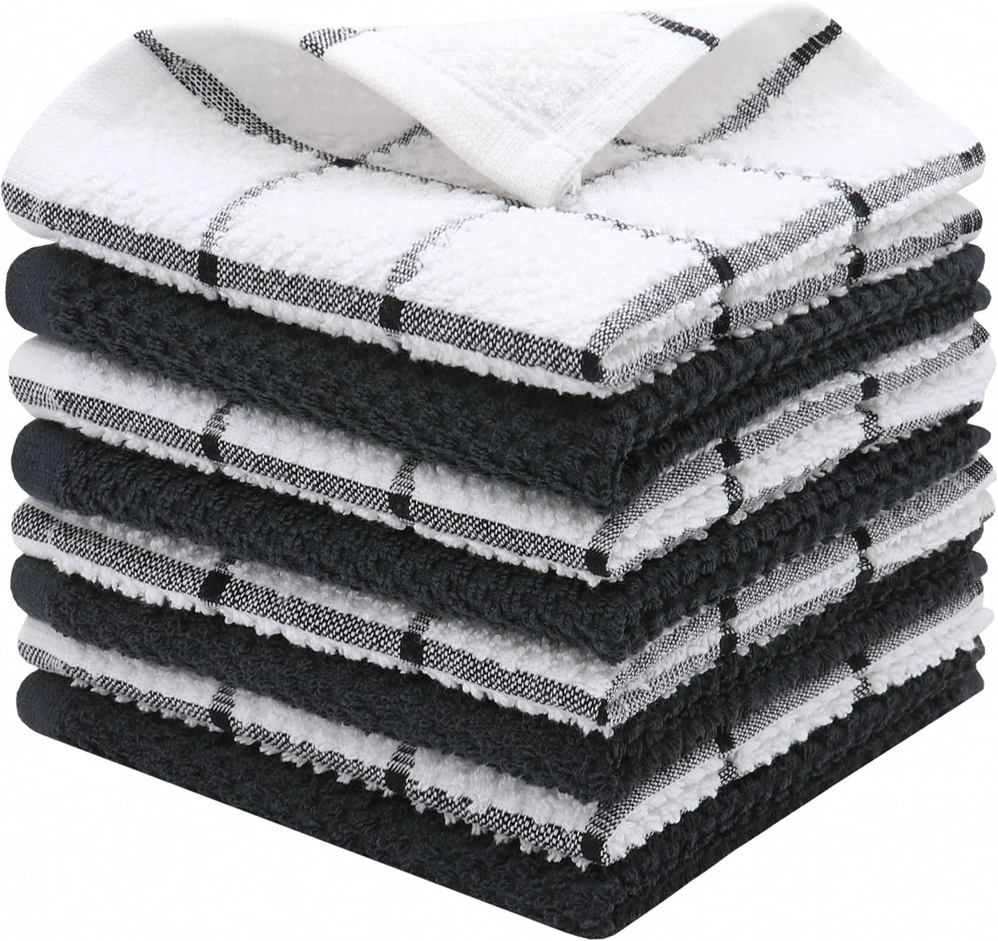 Cotton Grid Dish Cloths, Terry Cleaning Rags, 12 x 12 Inches, Light and Soft, Quick Drying Dish Rags, 8pc/Set (Black Multi)