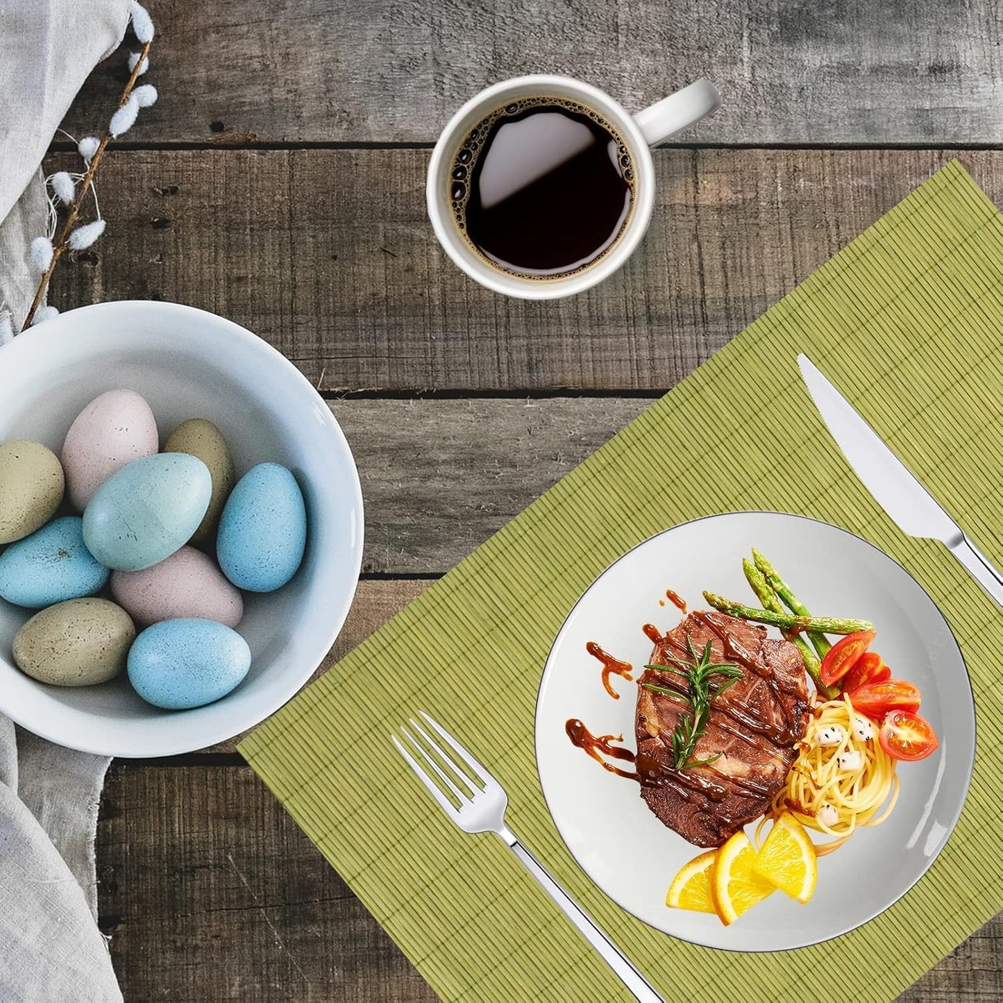 ANDSTAR Set of 8 Pcs Bamboo Placemats Sushi Rolling Mat Japanese Style Natural Anti-Slip Bamboo Placemats Washable Heat-Resistant Table Mats for Dining Room and Kitchen（Green）