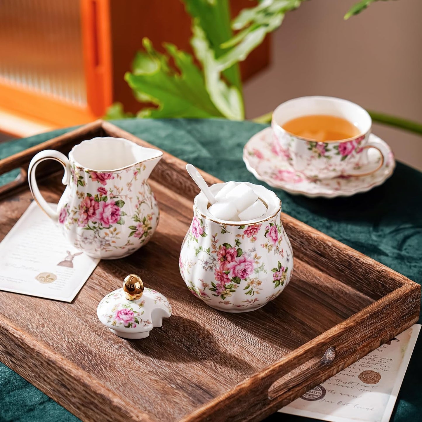 Ceramic Sugar and Creamer Set, 3 Piece Set with Cream Pitcher, Sugar Bowl, Sugar Set with Lid and Spoon (White with flower)