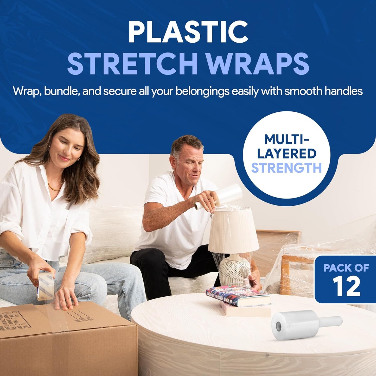 International Plastics Co. 12 Pack of 5" Plastic Stretch Film Wrap with Handles 1000 feet Each 500% Stretch Ability