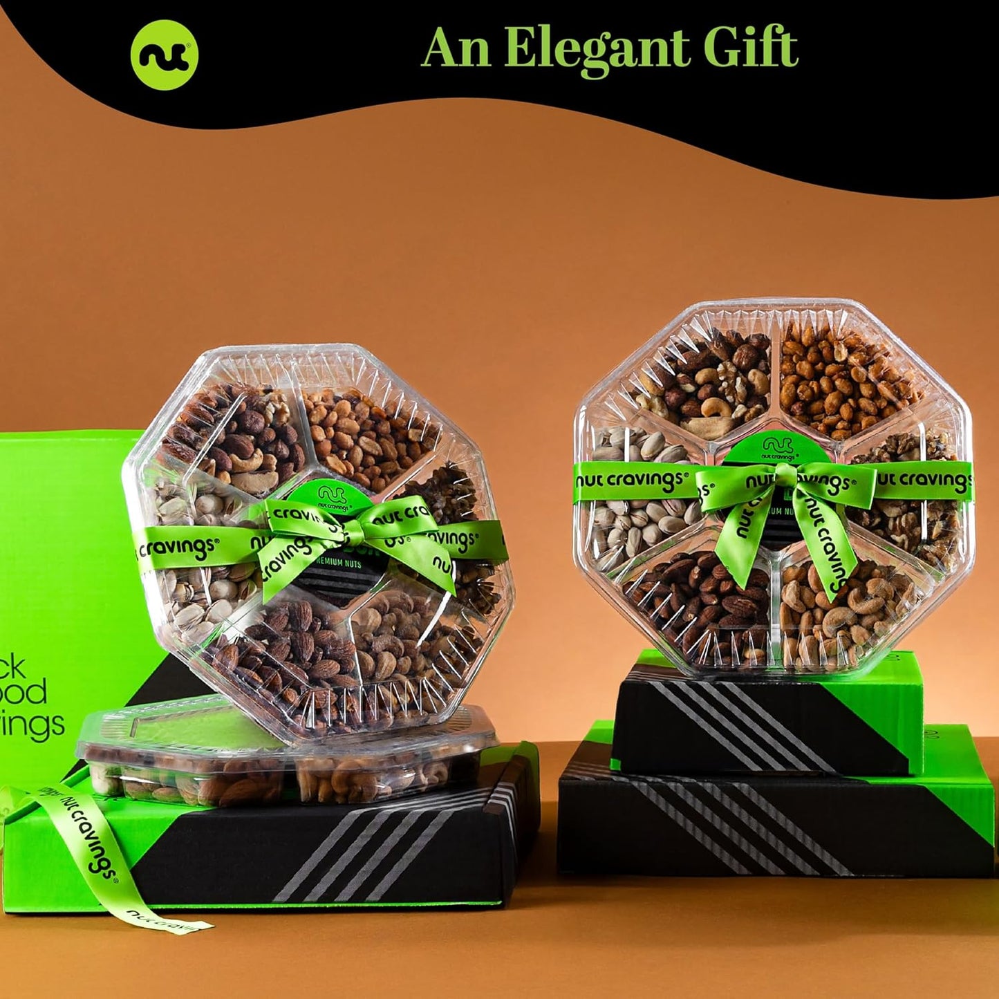 NUT CRAVINGS - Mixed Nuts Gift Basket + Green Ribbon (7 Assortments, 1 LB) Food Arrangement, Healthy Snack Care Package, Food Assortments