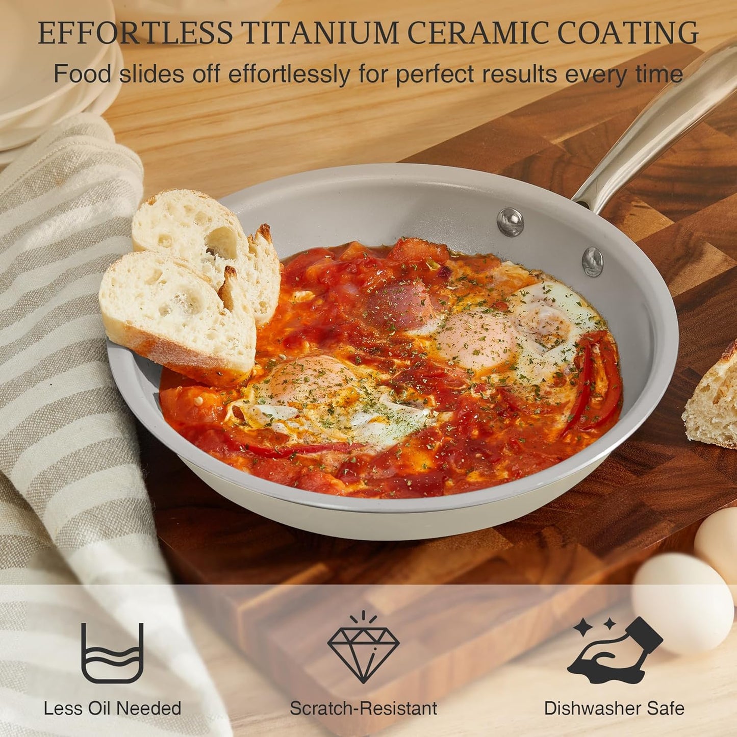 KITEXPERT Non Stick Frying Pans Set, Titanium Ceramic Pan Skillet Set Non Toxic, 8" 9.5" 11" Nonstick Frying Pan, Stainless Steel Handle, Dishwasher & Oven Safe, PFAS & PTFE & PFOA Free, Cream