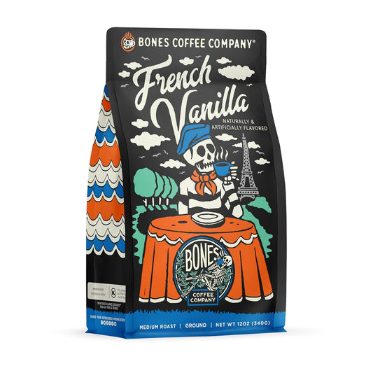 Bones Coffee Company French Vanilla, Creamy Vanilla Flavored Coffee, Medium Roast Low Acid Arabica Beans Compatible with Auto drip and French Press Coffee Maker, 12 Oz Ground