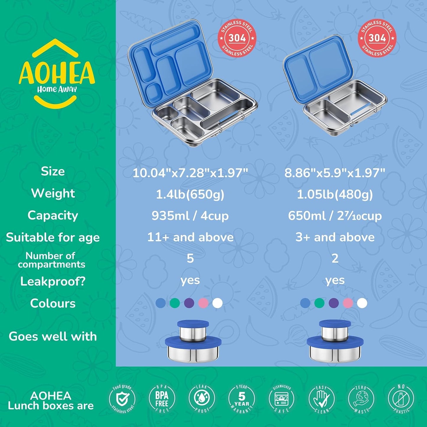 Stainless Steel Bento Box Kids, Kids Metal Bento Lunch Box BPA Free Lunch Box Containers 304 Stainless Steel Bento Box for School and Office(Bule)