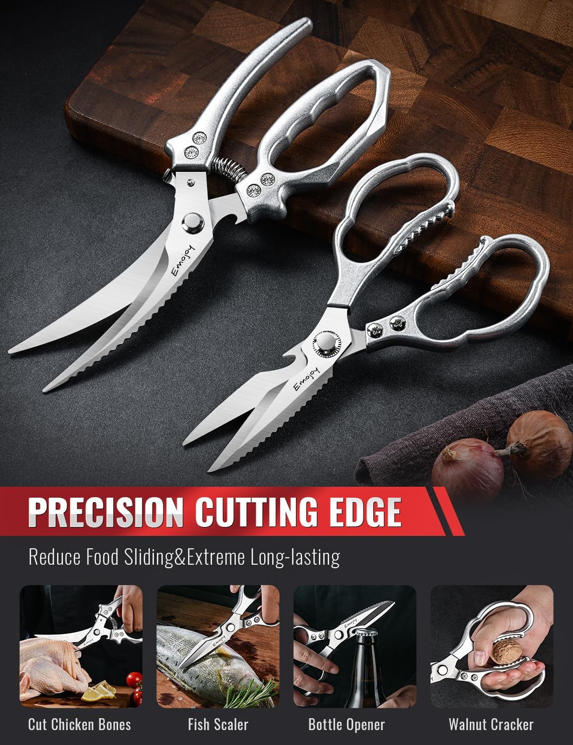 Emojoy 3-Piece Kitchen Scissors Set with Poultry Shears, Japanese Stainless Steel Kitchen Shear, All Purpose Scissor for Food, Chicken Bones, Dishwasher Safe