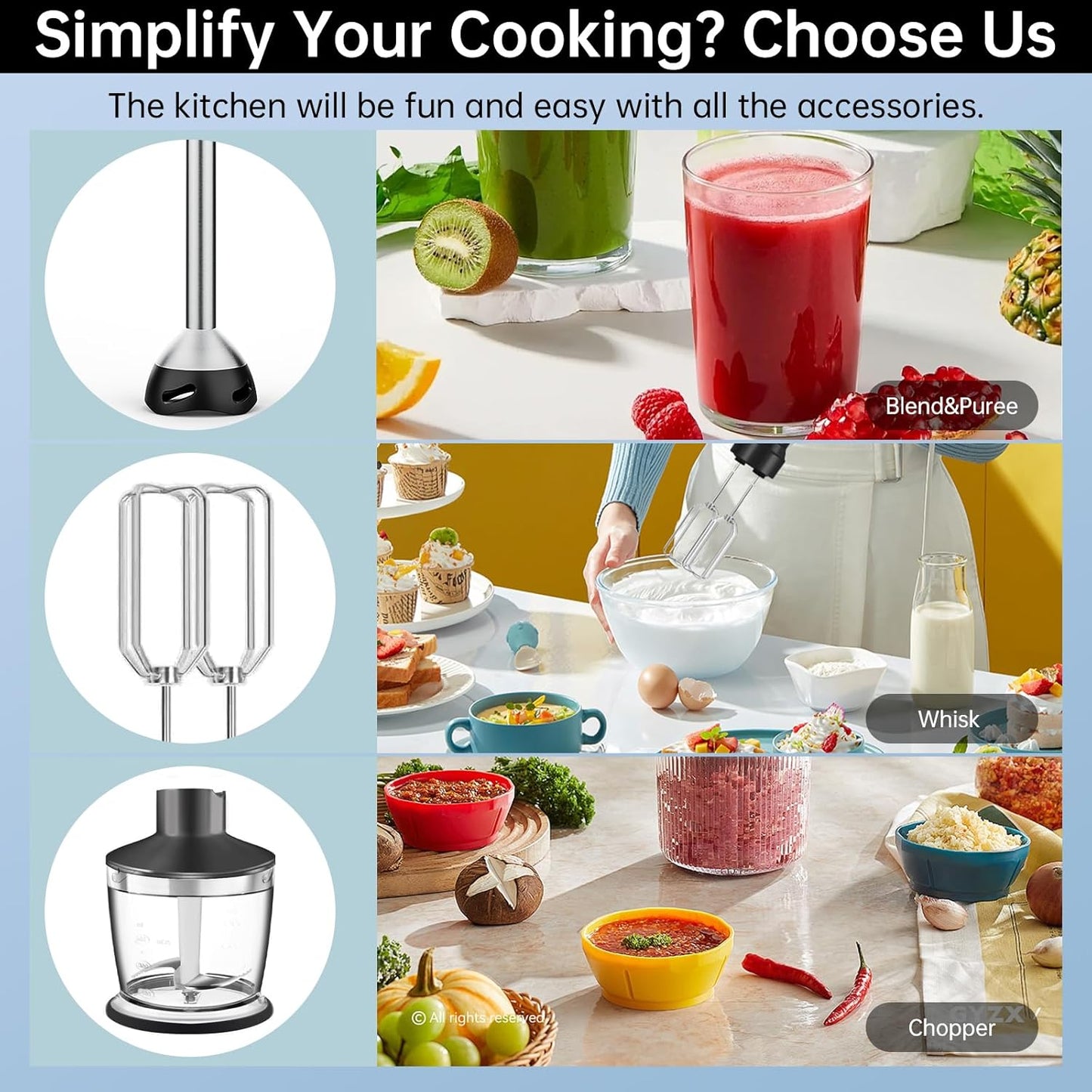 Immersion Blender 1000 Watts Scratch Resistant Hand Blender,20 Speed and Turbo Mode Hand Mixer, 3-in-1 Heavy Duty Copper Motor Stainless Steel Smart Stick with Egg Beaters and Chopper