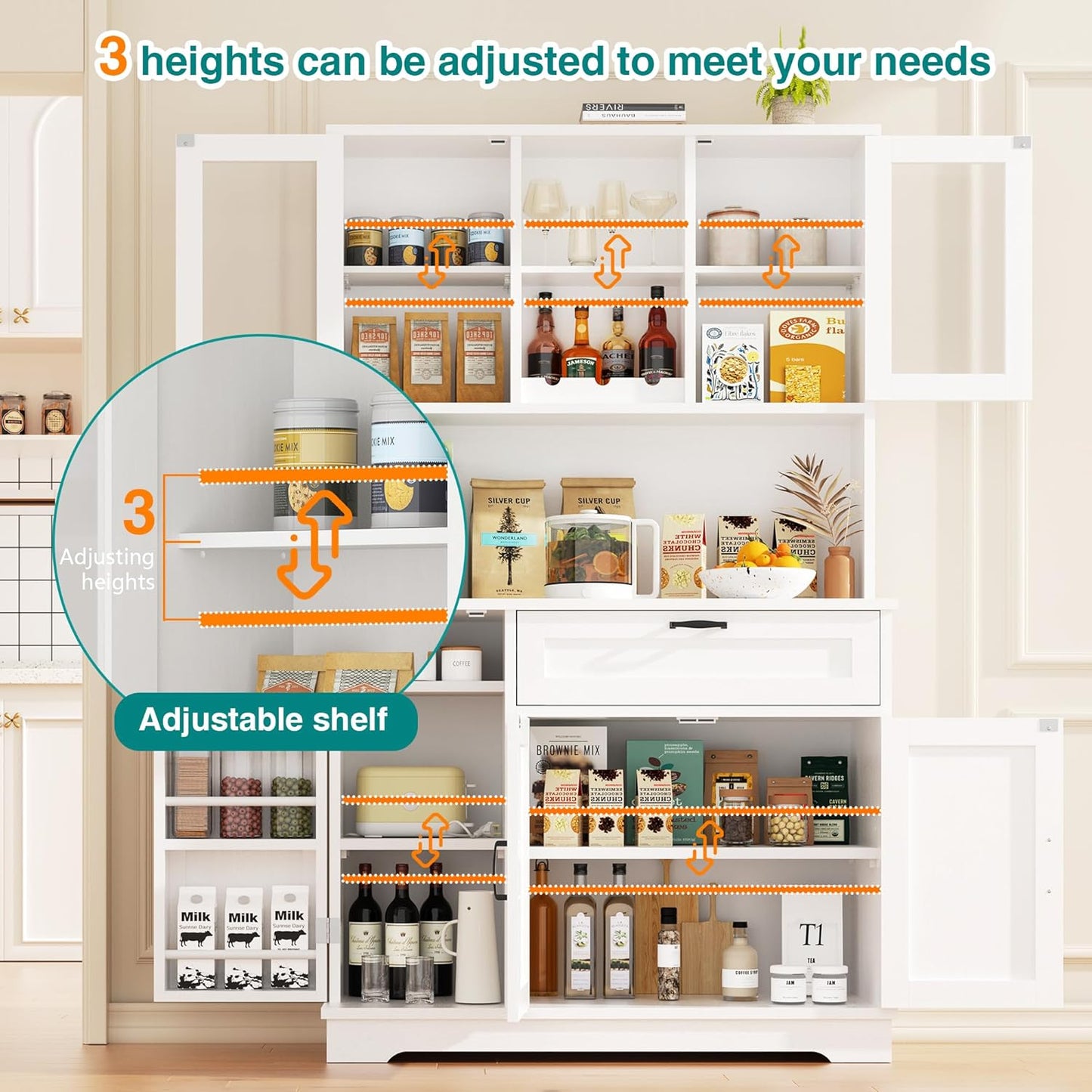 Vongrasig Tall Pantry Cabinet, Kitchen Pantry Storage Cabinet with Microwave Stand,Farmhouse Kitchen Hutch with Adjustable Shelves for Living Room, Dining Room, White