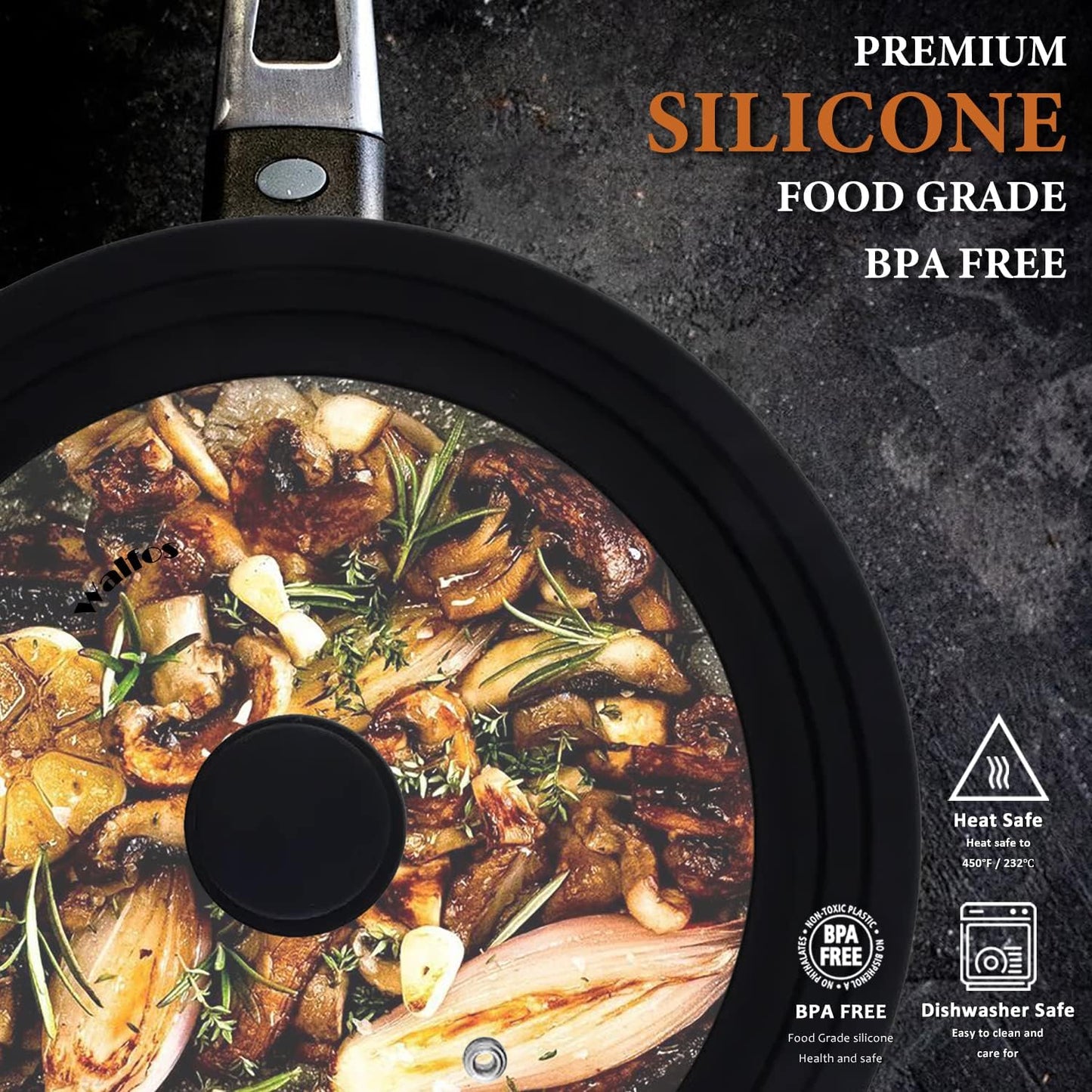 Walfos Universal Lids for Pots, Pans and Skillets - Tempered Glass with Heat Resistant Silicone Rim, Fits 6.5", 7" and 8" Diameter, 9.5", 10" and 11" Diameter Cookware（2PK）