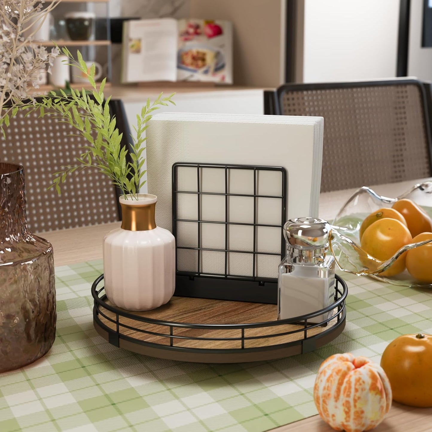 Acacia Wood 9" Bathroom Vanity Tray Turntable, Farmhouse Round Bathroom Countertop Organizer for Soap Perfume, Rotating Organizer for Kitchen Table Centerpieces, Decorative Trays for Coffee Table