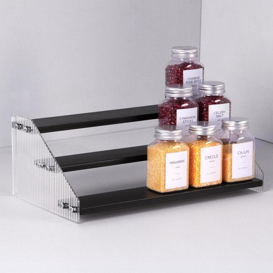 nianfeng Tiered Spice Rack, 3-Tier Spice Pantry Kitchen Cabinet Organizer, 12-Inch, Natural Wood Acrylic Stair Riser Stand, Countertop Seasoning Shelf (Black)