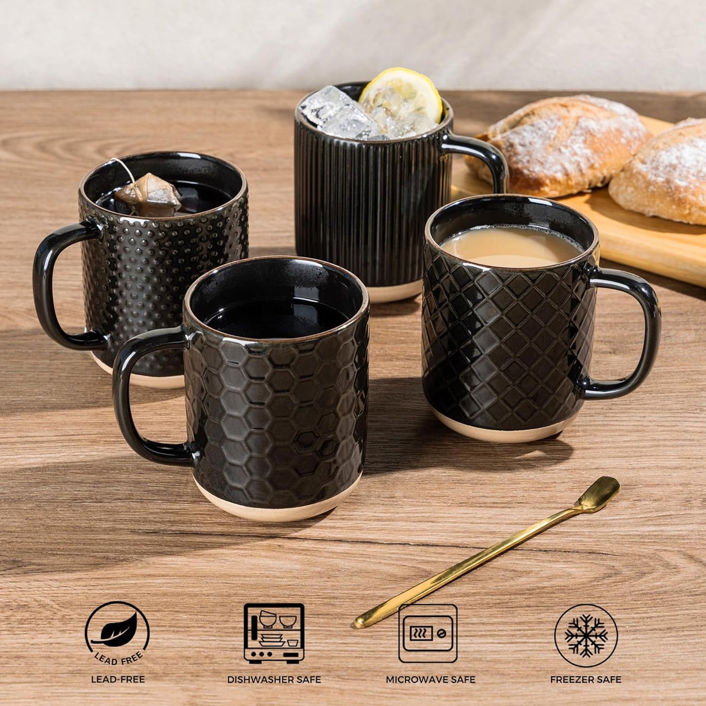 GBHOME Large Coffee Mugs Set of 4, 16oz Handmade Stoneware Coffee Mugs Set with Large Handle for Cappuccino/Latte/Tea/Hot Cocoa, Dishwasher & Microwave Safe, Black