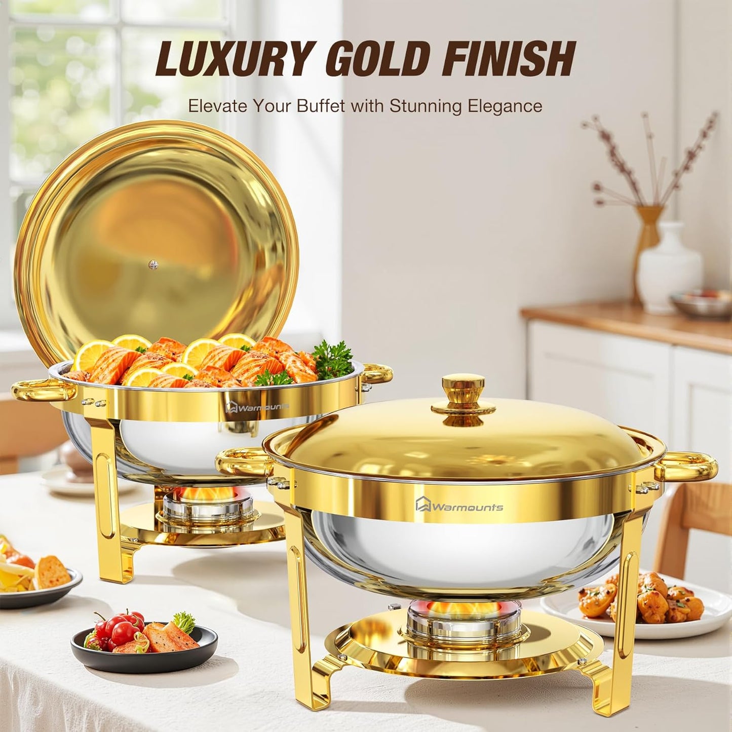 Gold Chafing Dishes for Buffet (5QT, 2 Pack), Round Chafers and Buffet Warmers Sets with Lid Holder, Food-Grade Stainless Steel, Rolled Edge Design, for Catering Events, Parties, Weddings