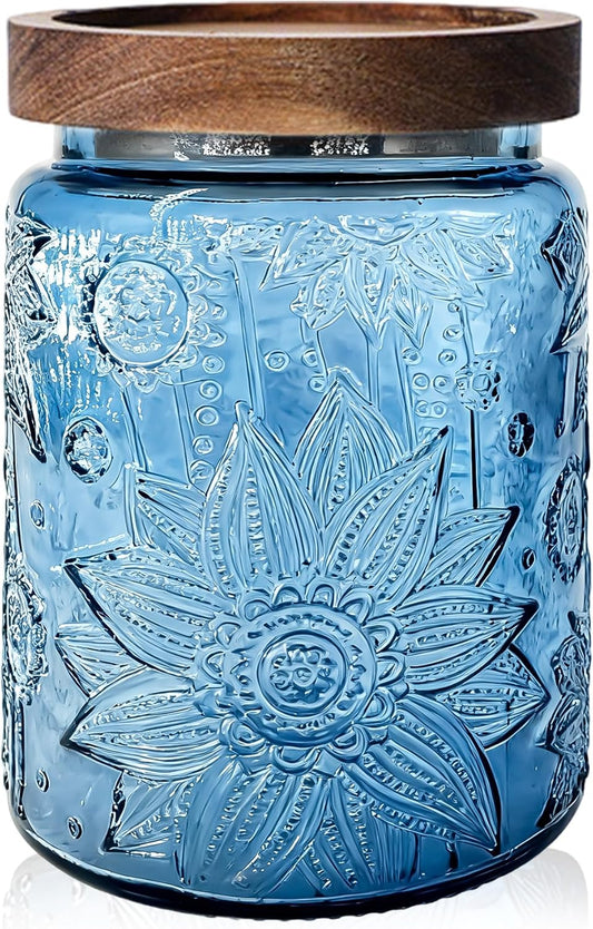 Glass Jar with Airtight Wood Lid – 24 OZ Kitchen and Pantry Canister, Decorative Vintage Storage Container for Candy, Coffee, Cookie, Cereal, Flour, Sugar, Tea, Apothecary, Blue Sunflower