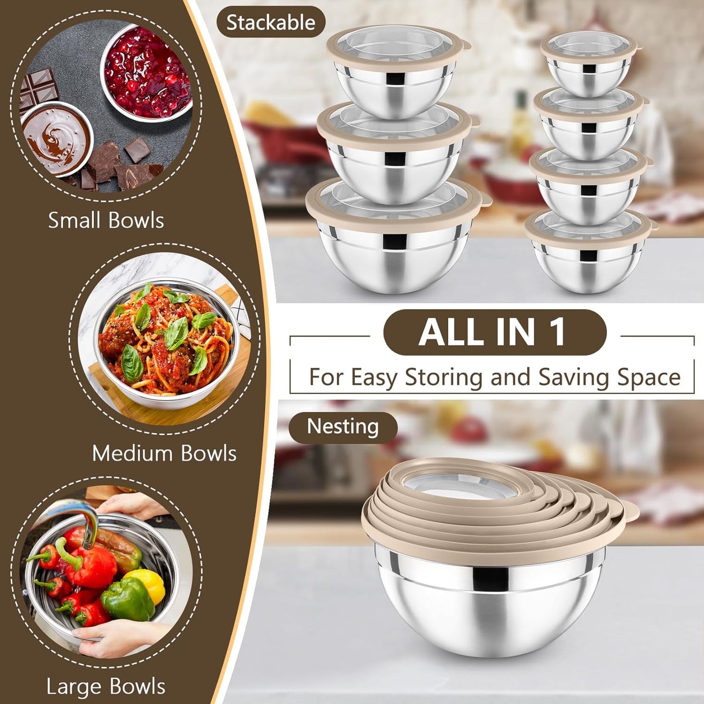 P&P CHEF Mixing Bowl with Lid Set of 7, Stainless Steel Nesting Salad Bowls for Cooking Serving Prepping, Clear Lids & Stackable Design, Size 4.6, 3.5, 3, 2, 1.5, 1, 0.7 Qt - Khaki
