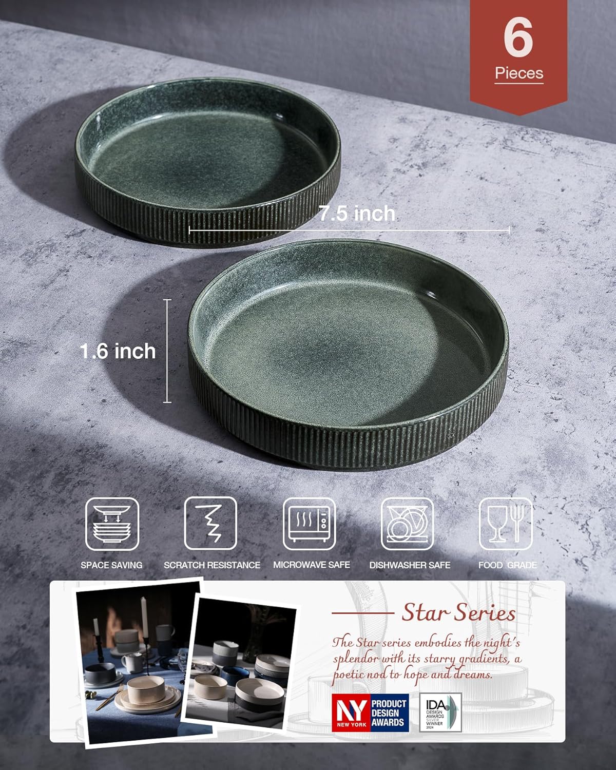 famiware Star 7.5" Pasta Bowls Set, Salad Bowl Set of 6, Double Reactive Glaze, Stackable, Perfect for Your Friend for Housewarming, Thanksgiving, Christmas, Deep Forest