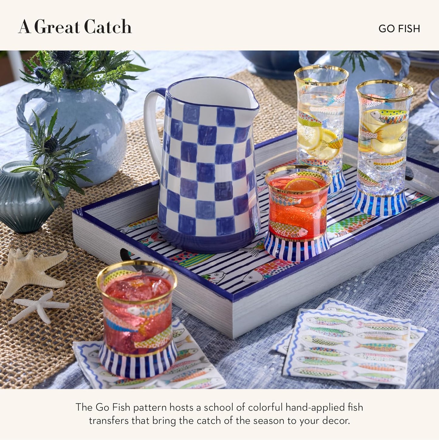 MACKENZIE-CHILDS Wooden Tray with Handles, Rectangular Tray for Serving, Go Fish