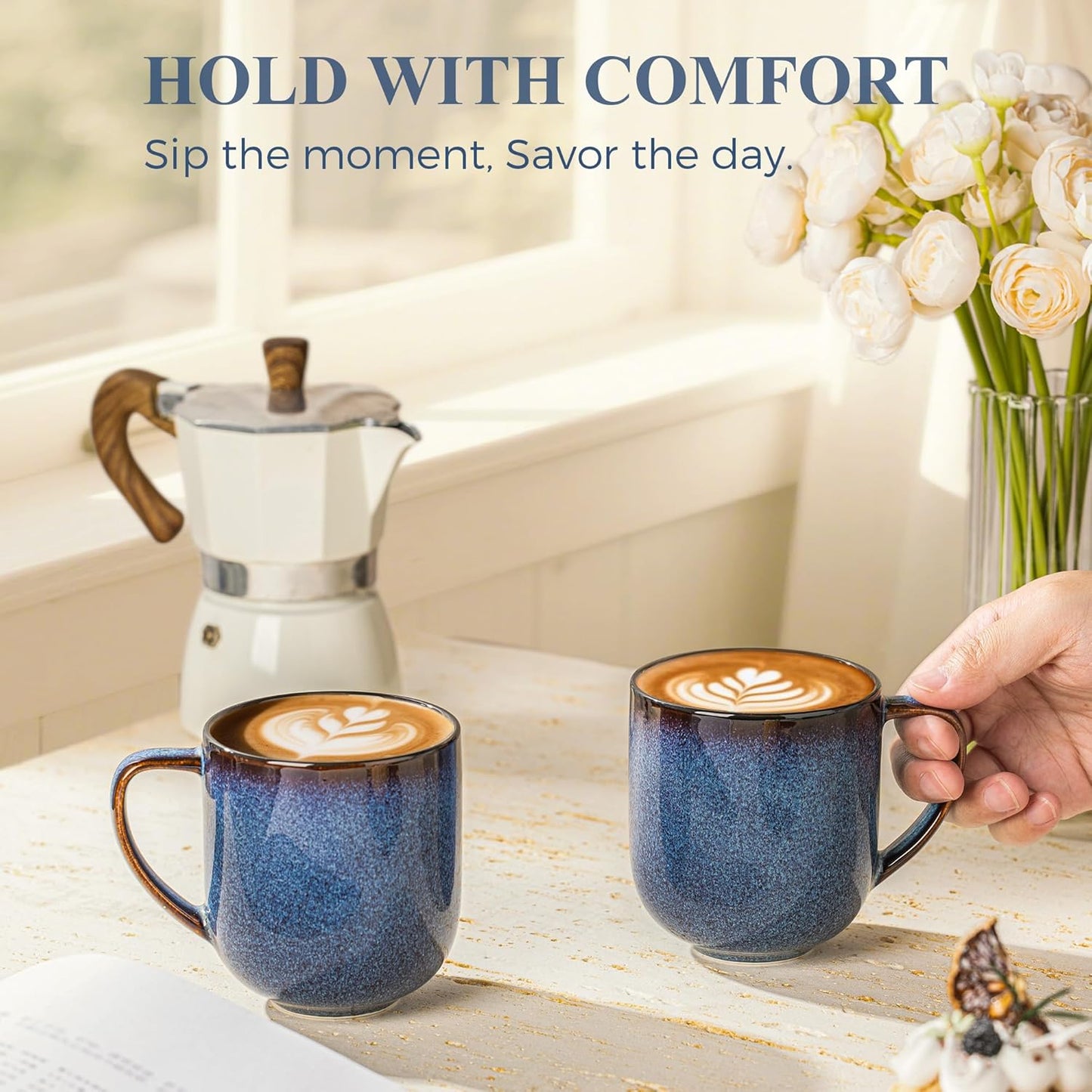 LERATIO 12OZ Ceramic Coffee Mugs Set of 6, Large Porcelain Coffee Cups With Large Handle For Latte,Cappuccino,Milk,Cocoa,|Dishwasher&Microwave Safe Mug Sets,Ideal for Man,Woman,Dad, Mom-Blue