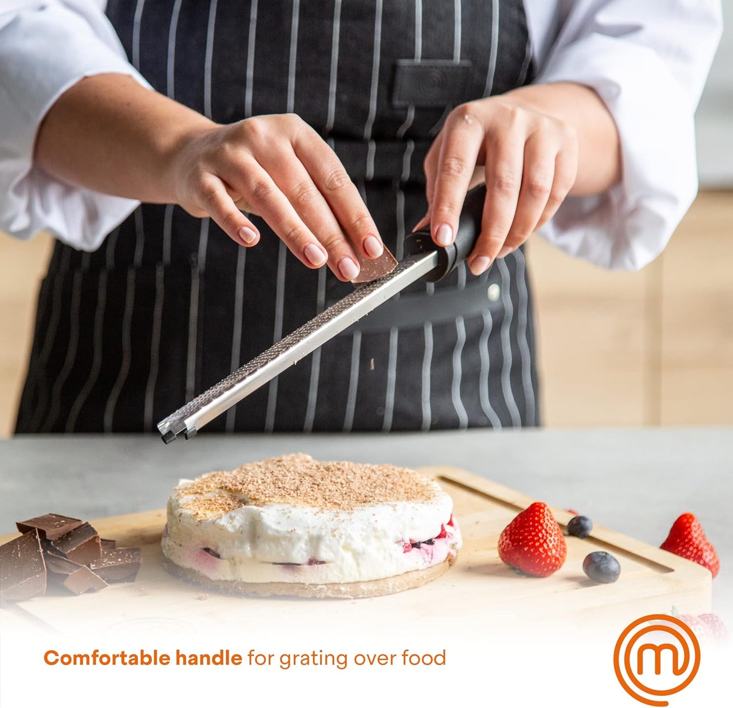 MasterChef Lemon Zester Grater with Handle, Kitchen Tool for Zesting Citrus Fruits & Finely Grating Parmesan Cheese, Garlic, Ginger, Coconut, Nutmeg, Wasabi, Chocolate etc, Stainless Steel, 12 inches