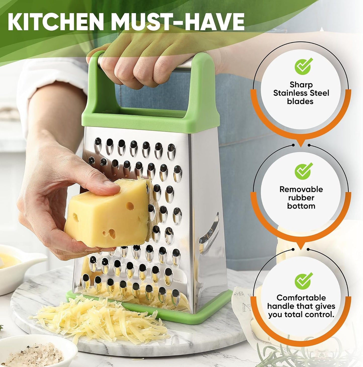 Spring Chef Green Professional Stainless Steel XL Parmesan Cheese Grater with Handle - 4 Sided Box Grater for Kitchen - Dishwasher Safe Food Shredder for Carrot, Potato, Vegetables, Ginger, Hash Brown