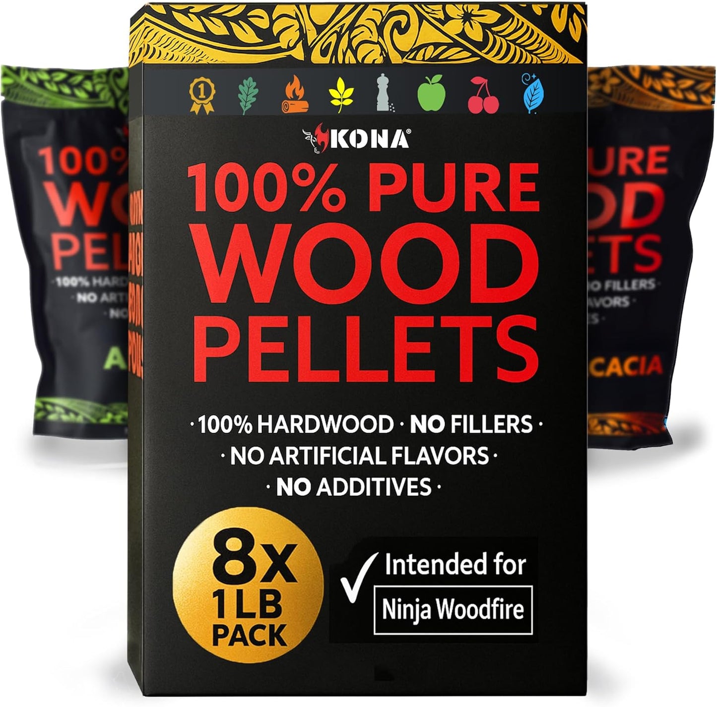 Kona Premium BBQ Wood Pellets Offer high BTU, Clean-Burning, Low-ash, and Low-Moisture for Great Flavor. No Soaking Needed. Includes 8 Varieties. Use 1/3-1/2 Cup per Session for Hours of Smoking.