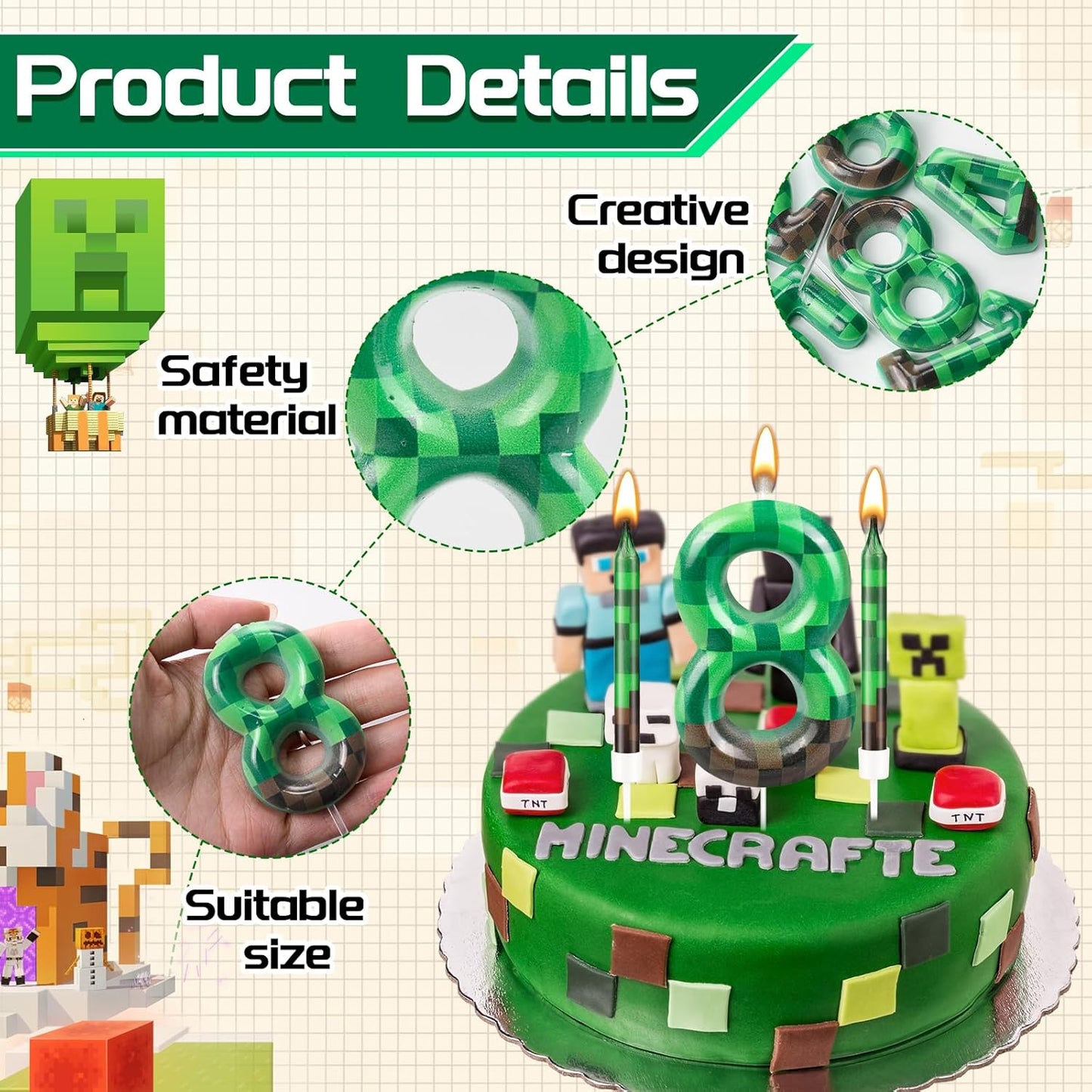 13 Pcs Dynamite Candles 12 TNT Themed Birthday Cake Candles and Number 8 Candle Cake Topper for Pixel Theme Birthday Party Anniversary Party Dynamite Theme Party Video Game Party Supplies (Number 8)