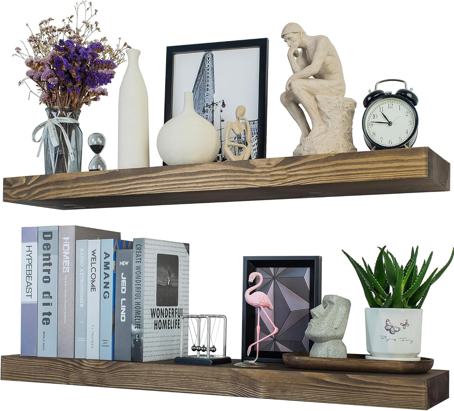 Rustic Floating Shelves 36 inch Long 8 inch deep Set of 2, Solid Wood Wall Shelves for Bedroom Living Room Kitchen,Book Shelf for Wall, Wall Mounted Shelves with Hidden Bracket- Walnut