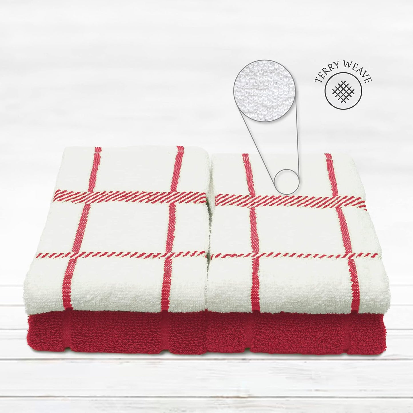 100% Cotton Terry Dish Cloth & Dish Towel (RED, Dish Towel - 4 Pack)
