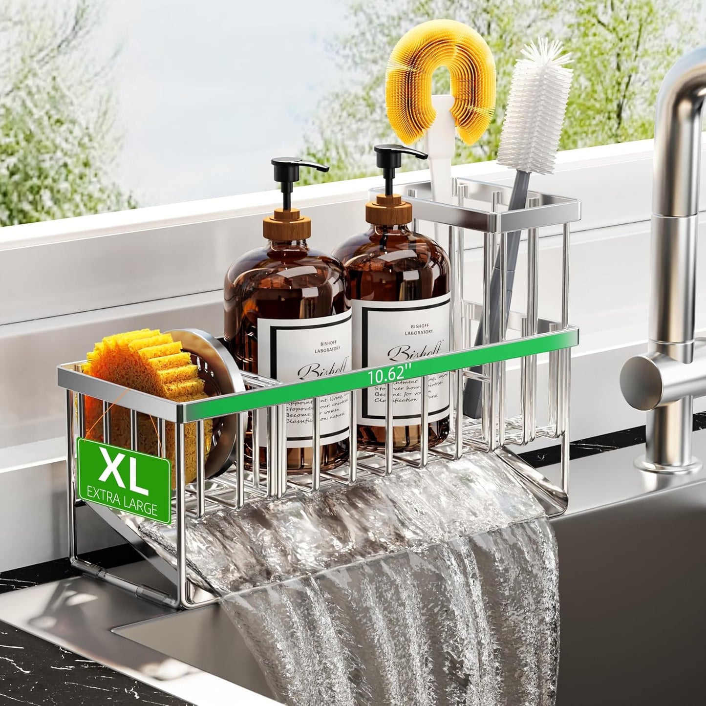Cisily Extra Large Silver Kitchen Sink Caddy Organzier with High Brush Holder, Sponge Holder for Sink, 304 Rustproof Stainless, Kitchen Countertop Soap Dispenser Organizer For Decor and Accessories