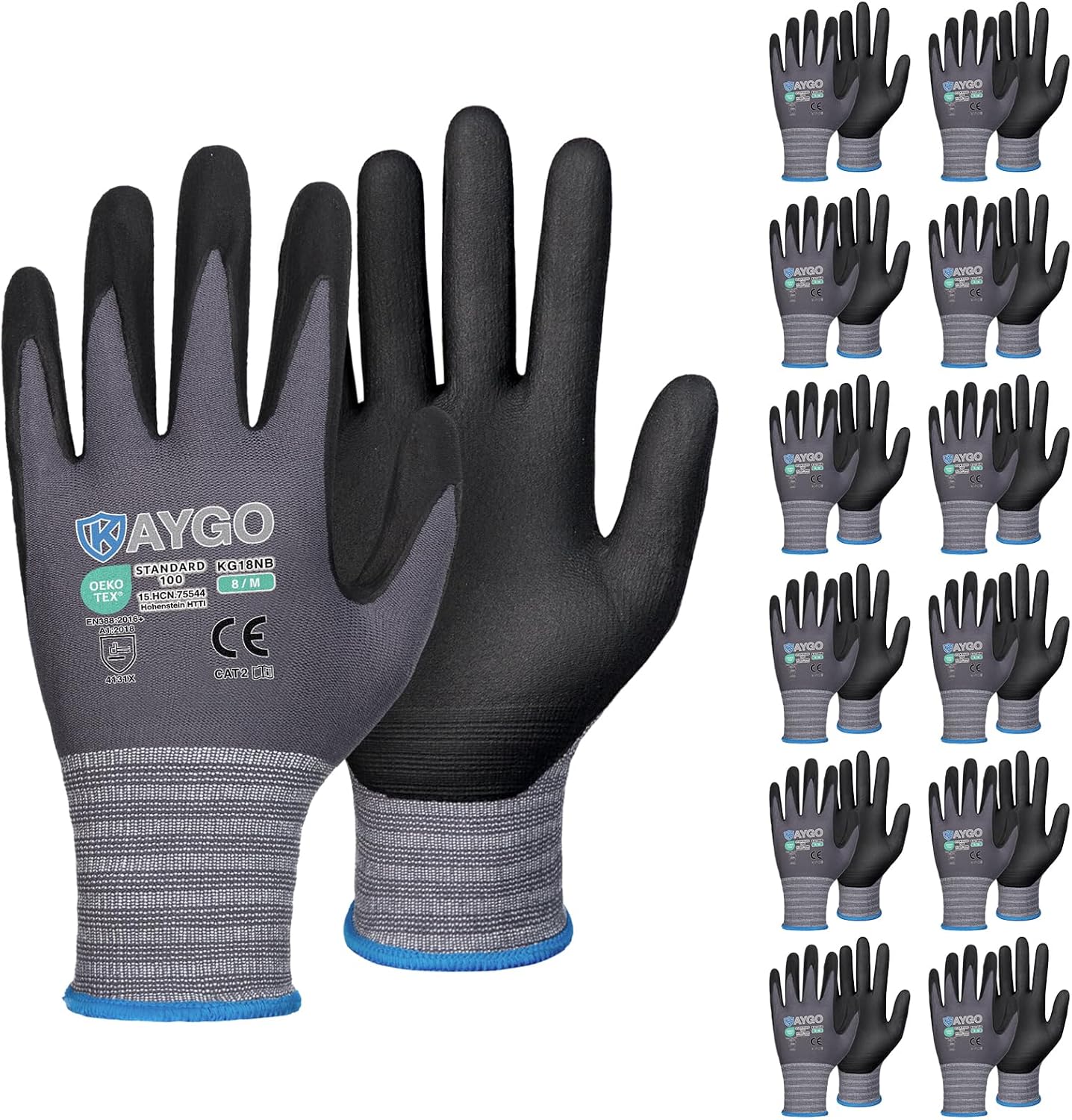 KAYGO Safety Work Gloves MicroFoam Nitrile Coated, 12 Pairs KG18NB,Seamless Knit Nylon Glove for Men and Women, Ideal for Automotive,Warehouse,Construction (Medium, Gray)