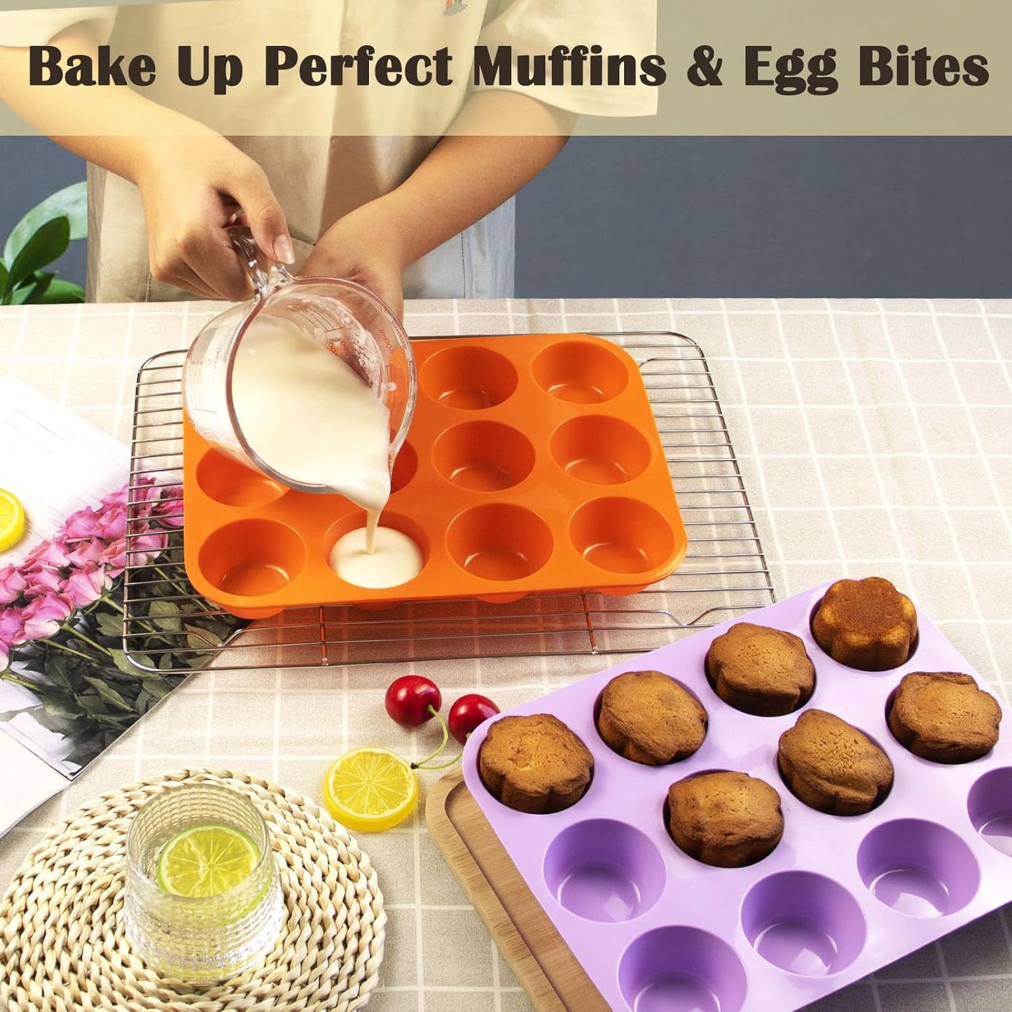 12 Cups Silicone Mini Muffin Pan Set, Nonstick Mini Cupcake Pans, BPA Free Small Muffin Tin for Baking, Set of 2 (Orange+Purple)