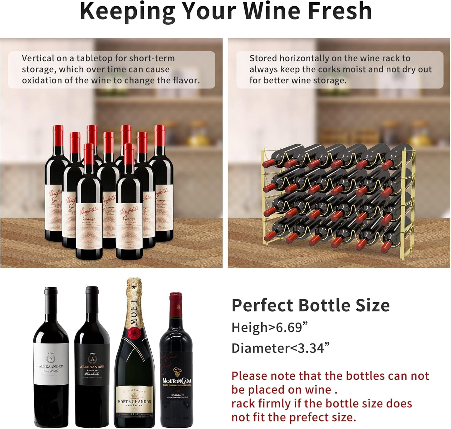 TONLEA 4 Tier Wine Rack, 3-in-1 24 Bottles Wine Storage, Wine Bottle Rack Stackable, Wine Storage Rack for Cabinet Pantry(Gold, Version 3.0)