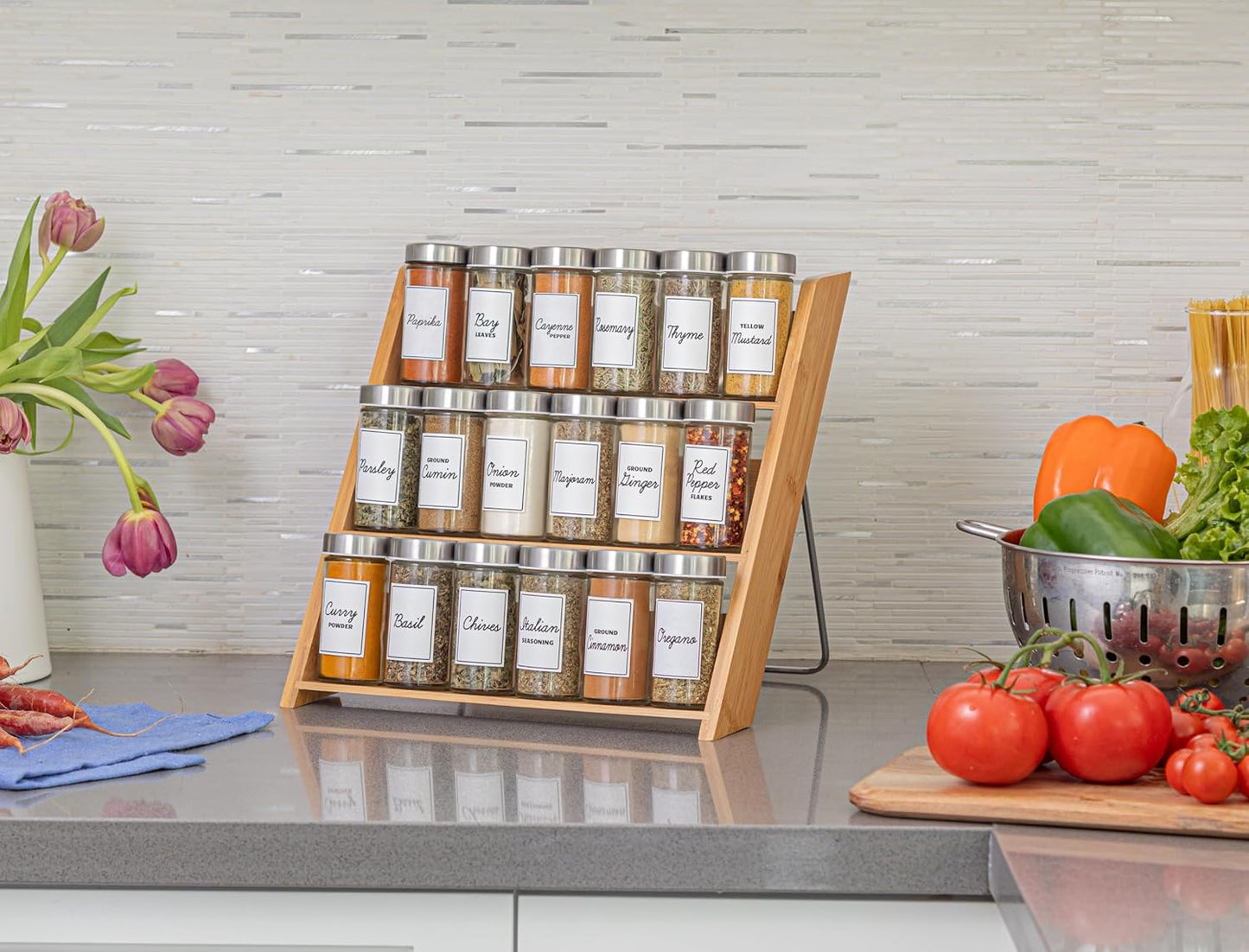 Orii 18 Jar Bamboo Compact Spice Organizer for Countertop and Kitchen Drawer, Filled with Spices, Program