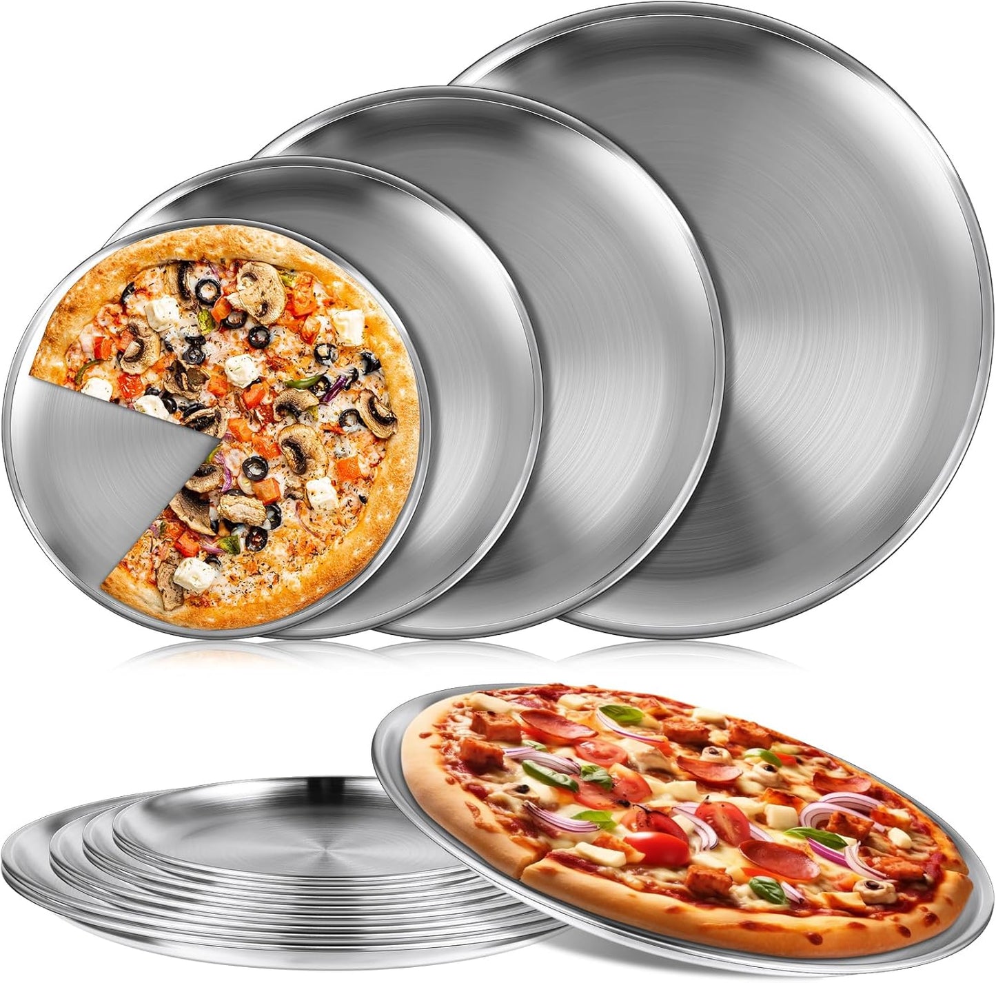Thenshop 8 Pieces Pizza Pans Bulk Stainless Steel Sets Round Bakeware Pizza Trays for Oven Kitchen Baking Home Restaurant Safe Sturdy Reusable Easy Clean(8 Inch 9 Inch 10 Inch 12 Inch,Silver)