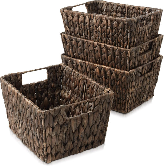 Casafield Set of 4 Water Hyacinth Storage Baskets with Handles - Espresso, Woven Rectangular Storage Bins for Shelves, Blankets, Laundry Organization