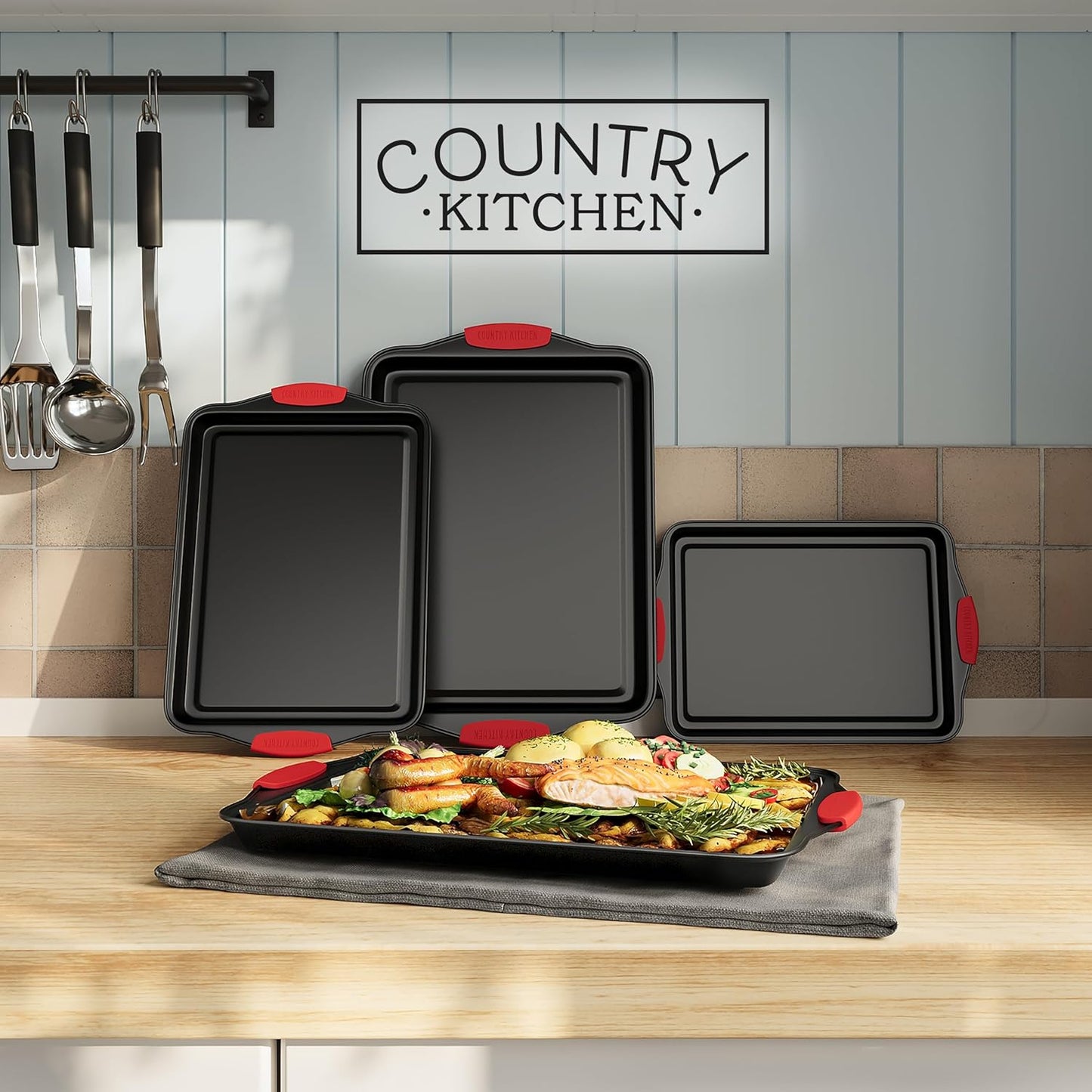 Country Kitchen Nonstick Stackable Bakeware Set - Heavy Duty, Durable, Easy Release Baking Set, Red, 4 Pcs