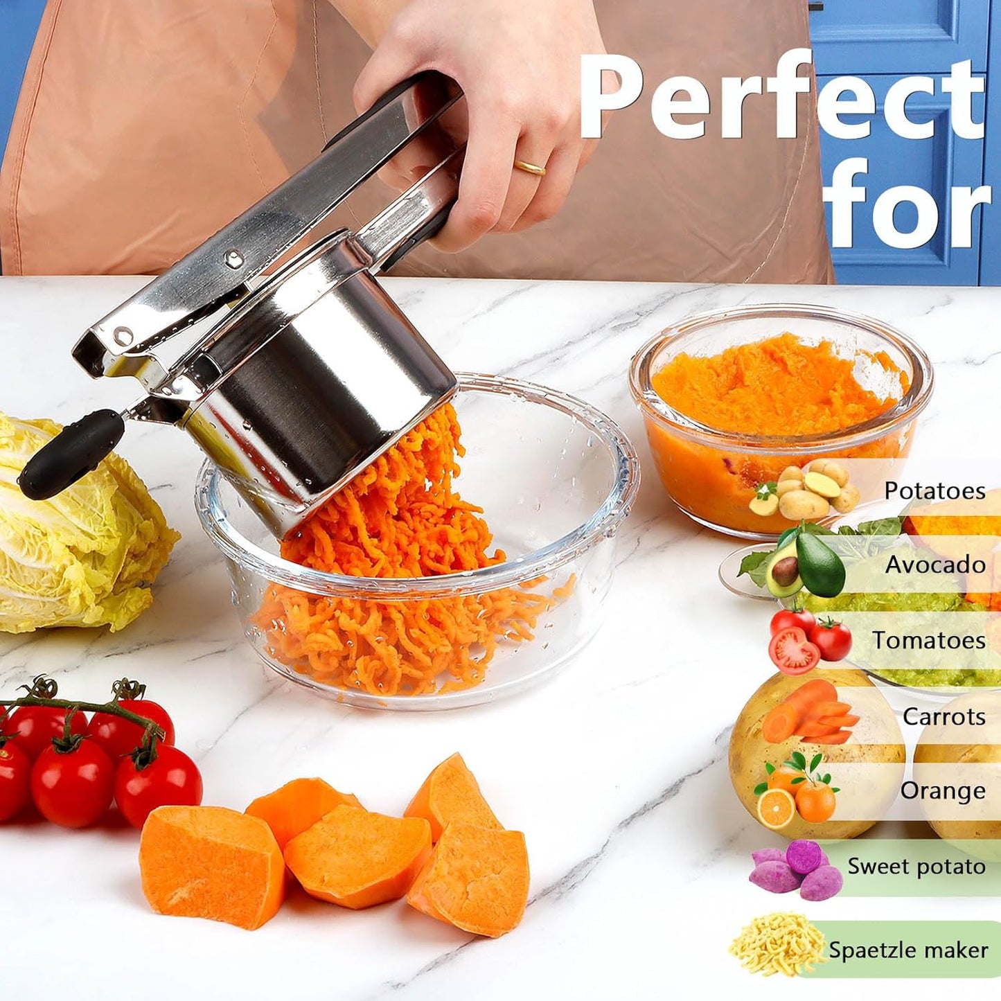 KAYCROWN Potato Ricer With 3 Discs, Heavy Duty Stainless Steel Potato Masher and Ricer for Mashed Potatoes Tool, Lemon Squeezer Spaetzle Maker