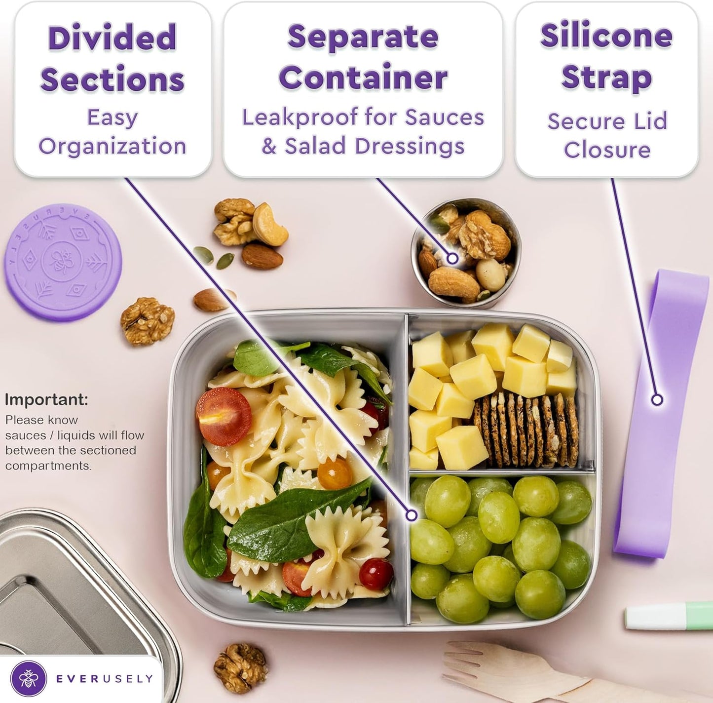 Everusely - Bento Box - Lavender, 47oz / 1.4 L - Stainless Steel Lunch Box with Leakproof Condiment Container - 3 Compartment Snack Organizer for On the Go Meals - Freezer & Dishwasher Safe