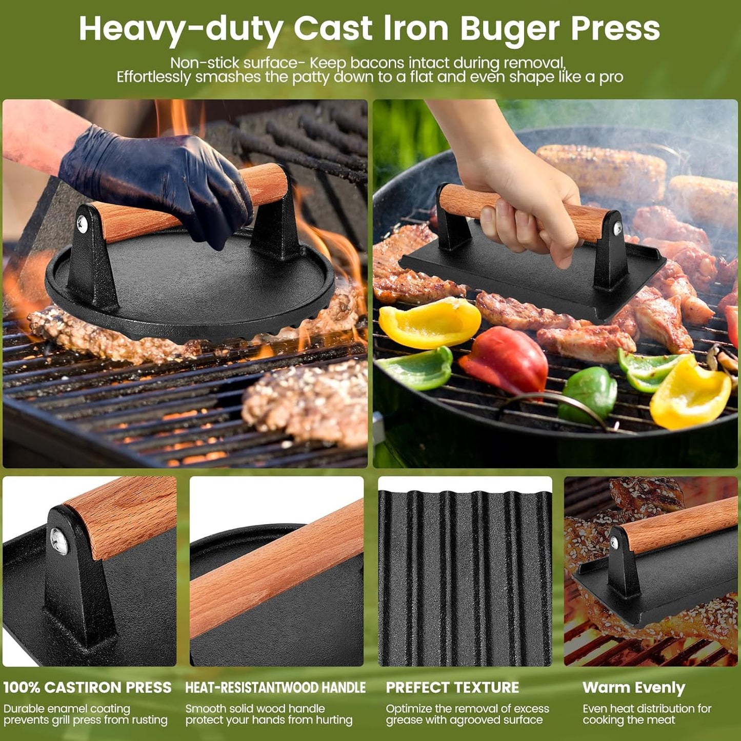 Smashed Burger Press, 7” Round Heavy-Duty Cast Iron Smash Meat Steak with Wooden Handle for Blackstone Griddle, Juicy and Crispy Burgers for BBQs, Cookouts