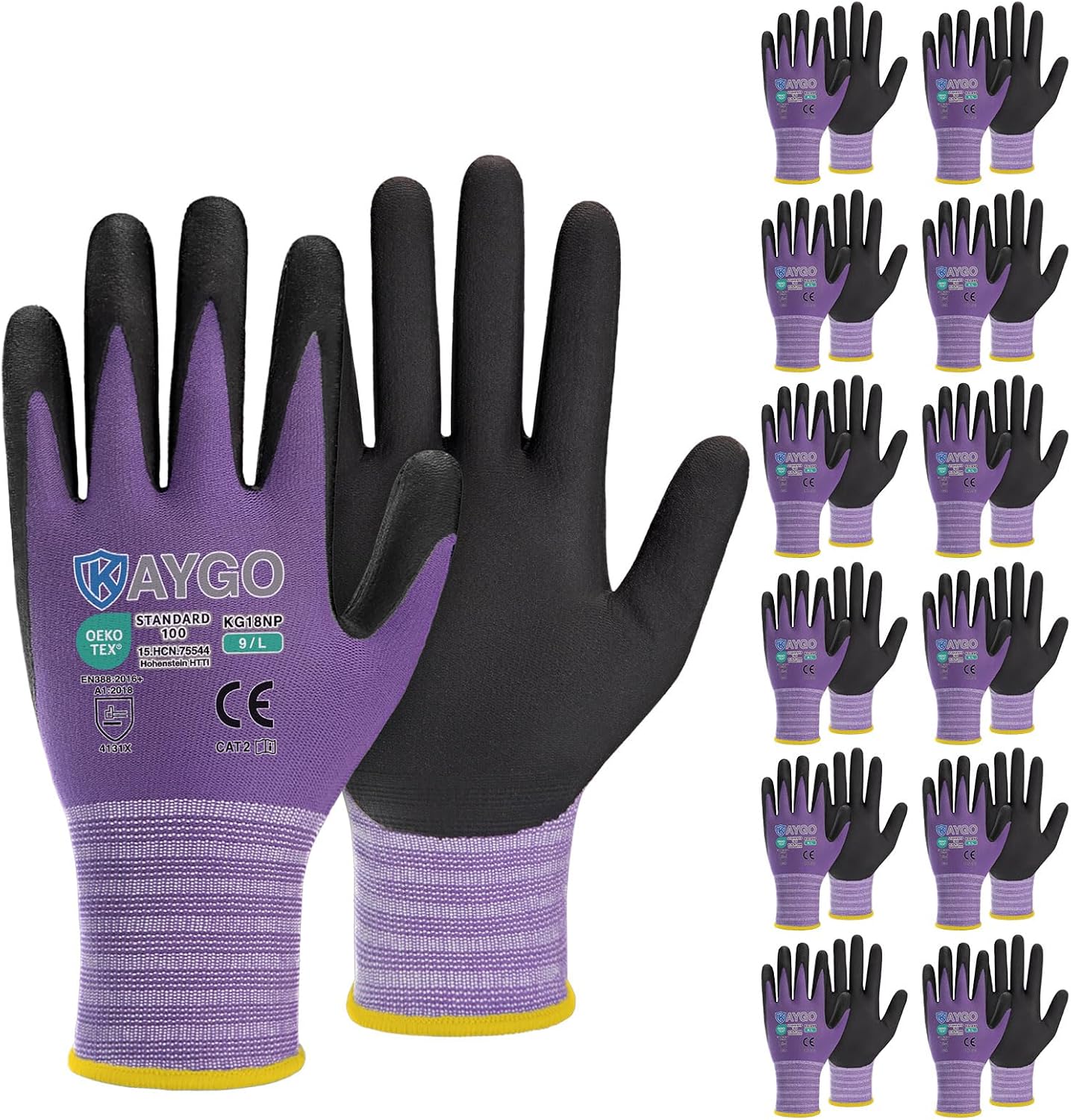 KAYGO Safety Work Gloves MicroFoam Nitrile Coated, 12 Pairs KG18NB,Seamless Knit Nylon Glove for Men and Women, Ideal for Automotive,Warehouse,Construction (L, Purple)