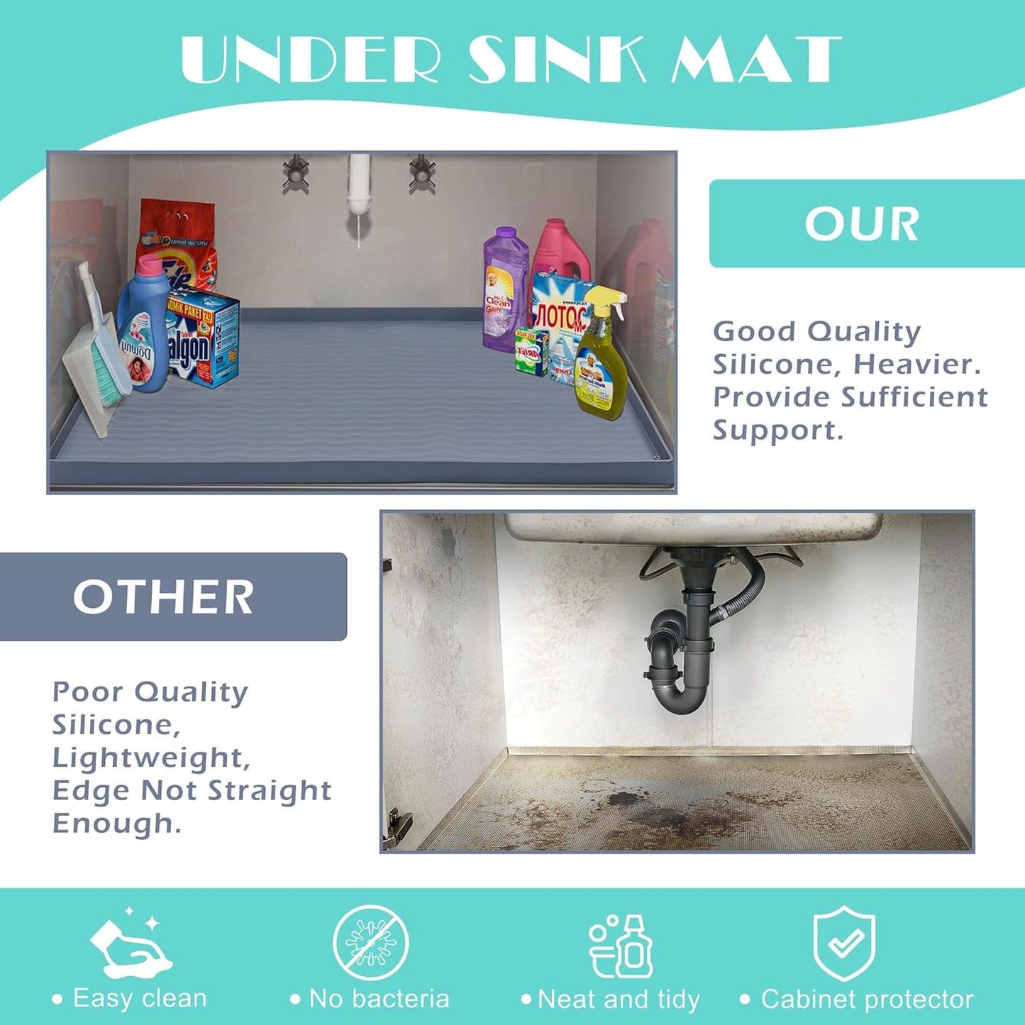 URMONA Waterproof Silicone Under Sink Mat 34'' x 19'' Shelf Liner for Kitchen and Bathroom, Cabinet and Counter Protector, Storage and Organizers, Litter Mat, Pet Cat Puppy Essentials(Light Grey)