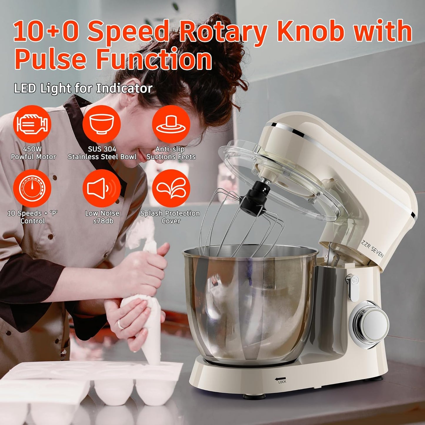 Stand Mixer, 5.5 Quart, 10 Speed Tilt-Head Food Mixer, Kitchen Electric Mixer with SS Bowl, Copper Motor, Beater, Dough Hook, SS Egg Whisk (450W Cream)