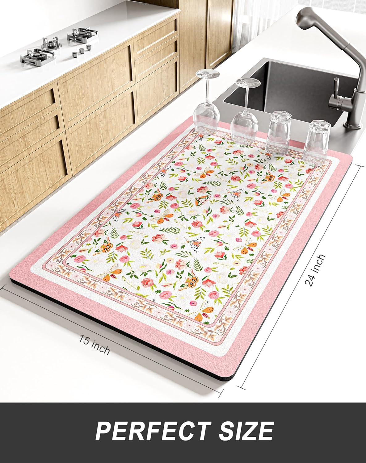 Rnivvi Dish Drying Mat for Kitchen Counter, XL 15 x 24" Cute Flower Theme Absorbent Draining Pad, Non-Slip Heat Resistant Coffee Bar Mats for Coffee Machine Station Accessories, Pink Dish Rack Pad