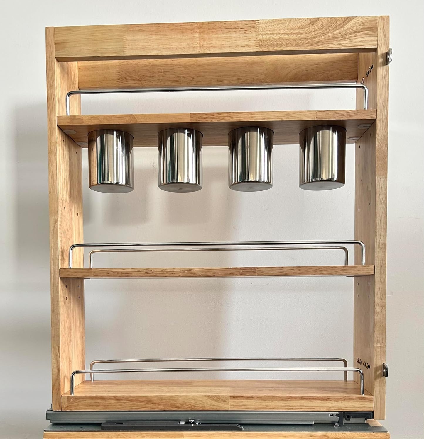 DINDON Pull Out Spice Rack Cabinet Organizer, (5" W x 21.9" D x 25.2" H) Multi-Use Soild Wood Pull Out Cabinet Organizer With 4 Movable Stainless Steel Cutlery Storage Buckets for Kitchen Organization