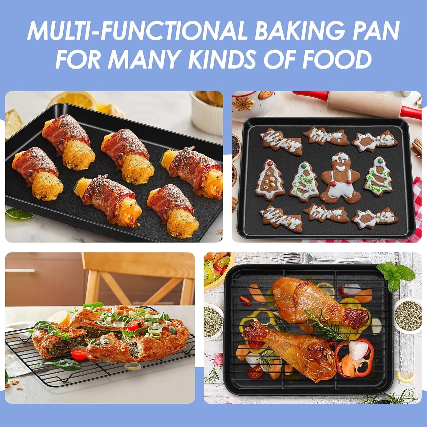 TeamFar Toaster Oven Pan with Rack, 12.5 x 9.7 x 1” Coated Carbon Steel Cookie Baking Pan Tray with Cooling Rack, for Baking/Roasting/Cooling, Healthy & Heavy-Duty, Non-Stick & Easy Clean