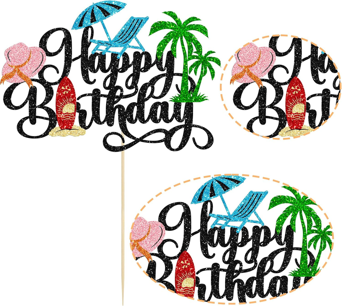 Gyufise 1Pcs Summer Beach Happy Birthday Cake Topper Glitter Ball Tree Umbrella Pool Cake Pick for Hawaiian Holiday Baby Shower Birthday Party Cake Decorations Supplies Black