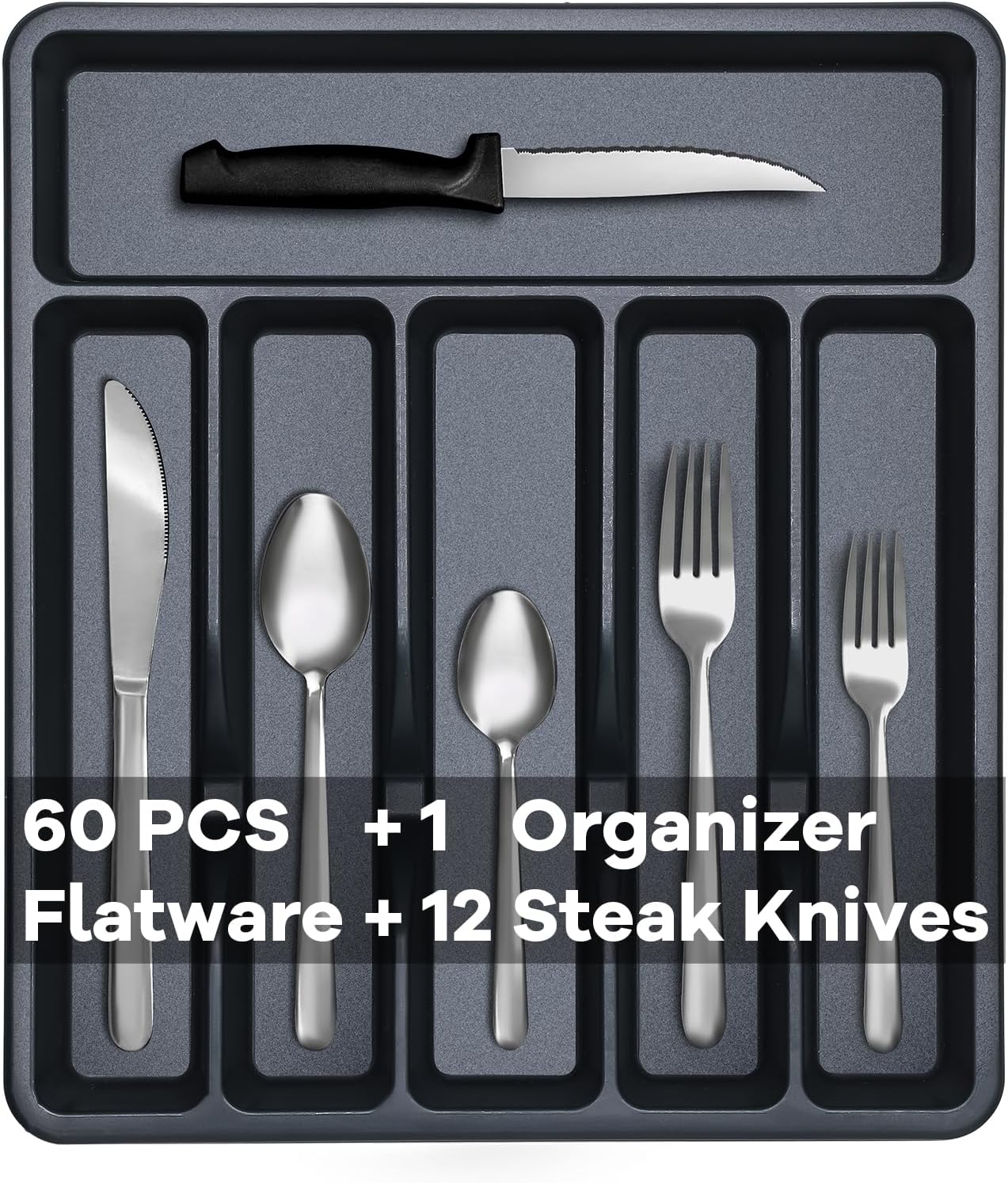 Pleafind 73-Piece Silverware Set with Organizer, Stainless Steel Silverware Sets for 12, Cutlery Utensil Sets with Steak Knives, Include Forks Spoons Knives ＆ Silverware Organizer, Dishwasher Safe