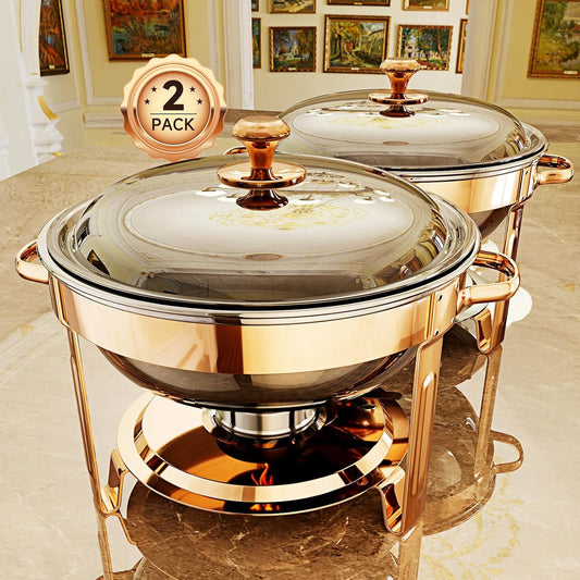 Chafing Dishes for Buffet, 4 Pack 5QT Round Stainless Steel Chafing Dish Set for Home Parties, Christmas Gatherings, Catering Events Complete Buffet Warmer Set (Rose Gold 2)