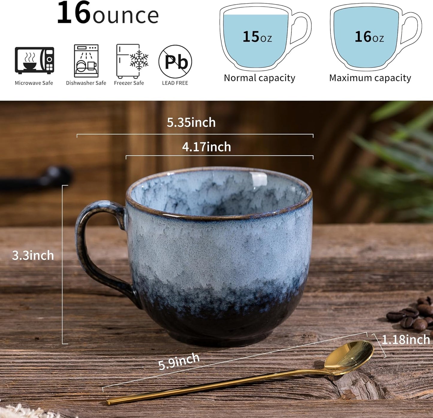 Coffee Mug Set of 4 - Ceramic 15 oz Coffee Cup with Handle, Large Stoneware Cups for Tea Milk Latte Cappuccino, Unique Hand-Painted Mug for Men Women Office Work (Marble Gray)